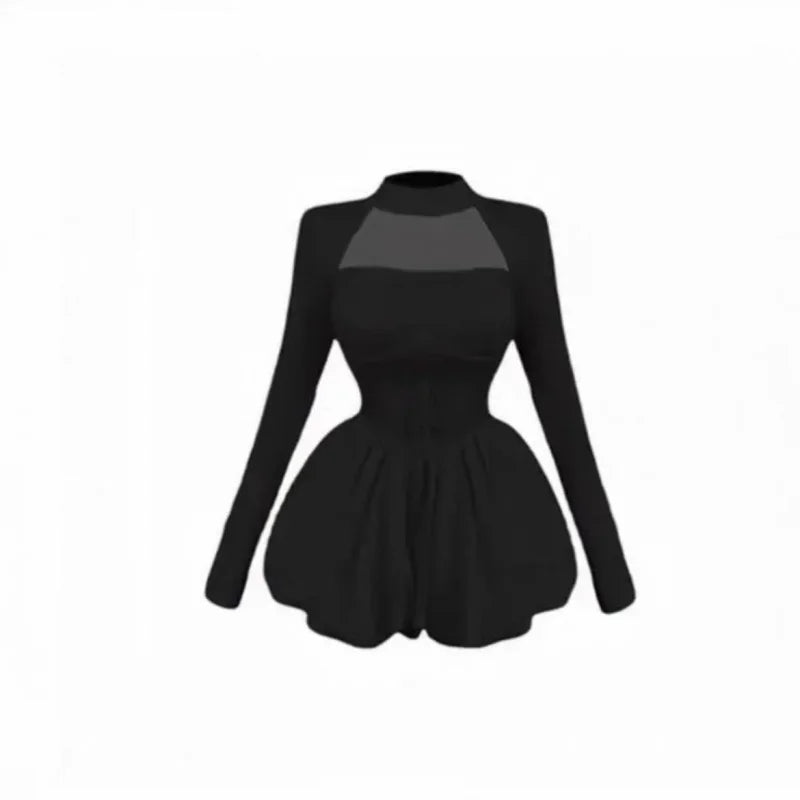 Aiertu DRESS TO IMPRESS Turtleneck Mesh Patchwork Hollow Out Mini Dress Women Sexy Slim Long Sleeve Solid Winter Fashion Chic Party Dresses Ball Gown aiertu