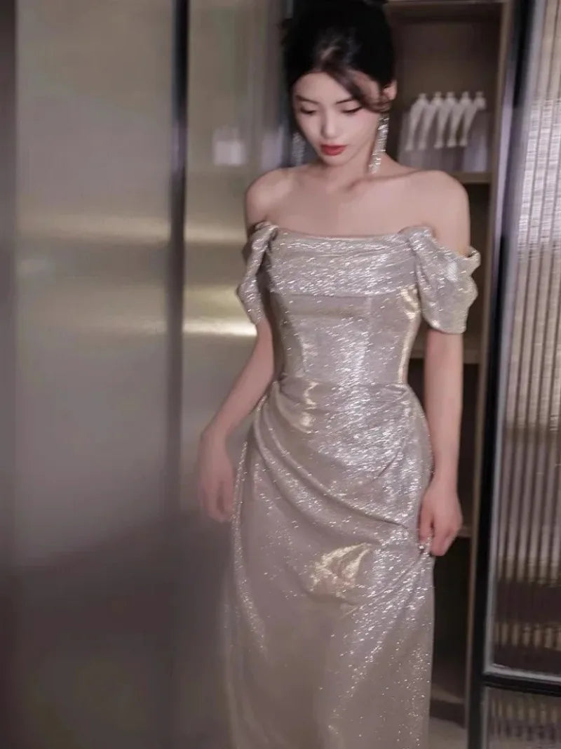 Luxury Ruched Mermaid Sleeveless Sexy Sequins Evening Dress Banquet Light Fishtail Long Host Ceremony Party Prom Gown Aiertu