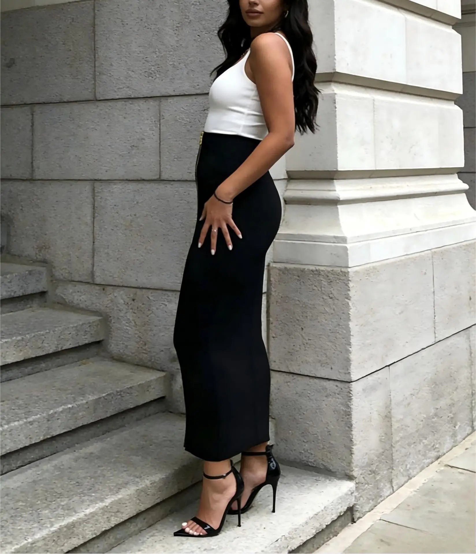 AIERTU  -  Fashionable High-Waist One-Piece Pencil Skirt Midi Skirt Solid Color Elegant Commute Style Medium Stretch Polyester Fabric Aiertu