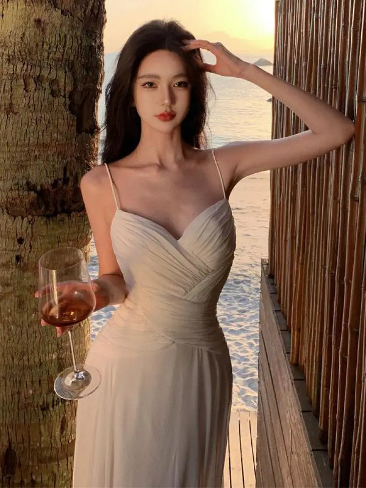 Aiertu French Women White Sexy Club Elegant Backless Birthday Party Maxi Dress Summer Fairy Long Evening Dress Bridesmaids Pleated Robe Aiertu