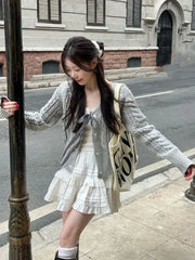 Aiertu Korean Fashion Grey Cardigans Women Sweet Gil Bow Bandage Coquette Knitted Sweater Mujer Casual Long Sleeve Tops Autumn aiertu