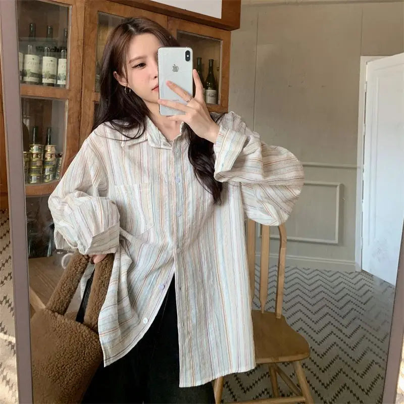 Aiertu Vintage Striped Shirt Women Fashion Elegant Long Sleeve Turn Down Collar Loose Tops Korean Office Ladies Thin Chic Casual Blouse Aiertu