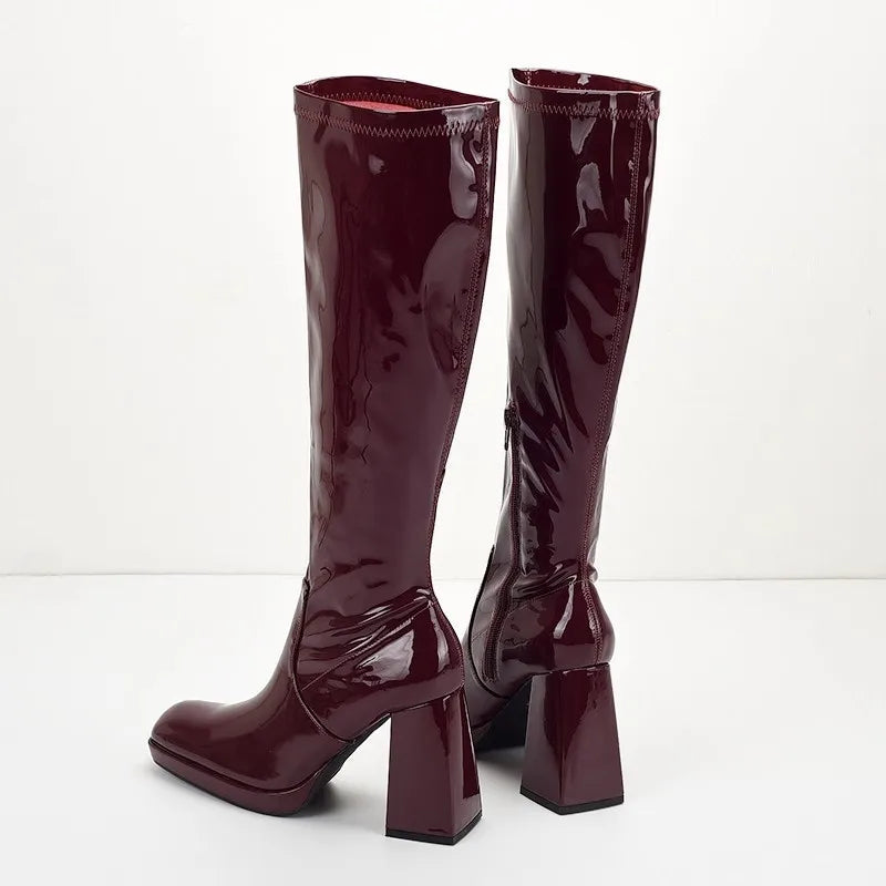 AIERTU  -  New Fashionable Height Increase, Thick Heels, High Heels, Sexy, Knee High, Square Head, Wine Red Boots for Women Aiertu