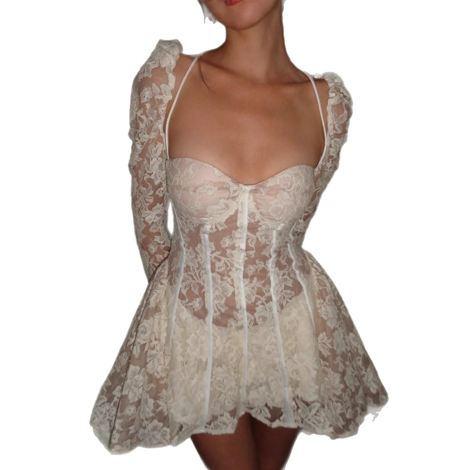AIERTU  -  Women's French Cold Elegant White Lace Mini Dress New Summer Square Neck Puff Skirt Sweetheart Party Dress Aiertu