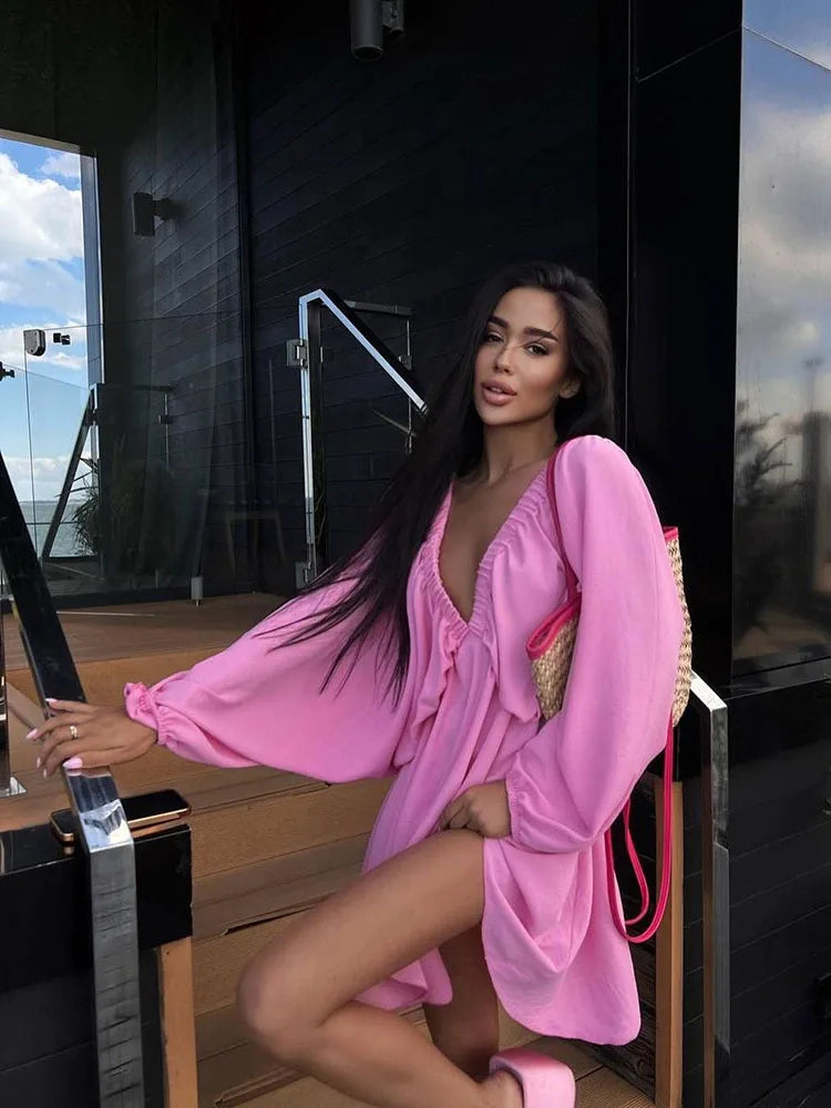 Aiertu Summer 11 Candy Color Long Sleeve Dresses Women Tourism vacation Deep V Neck Women Summer Boho Dresses Aiertu