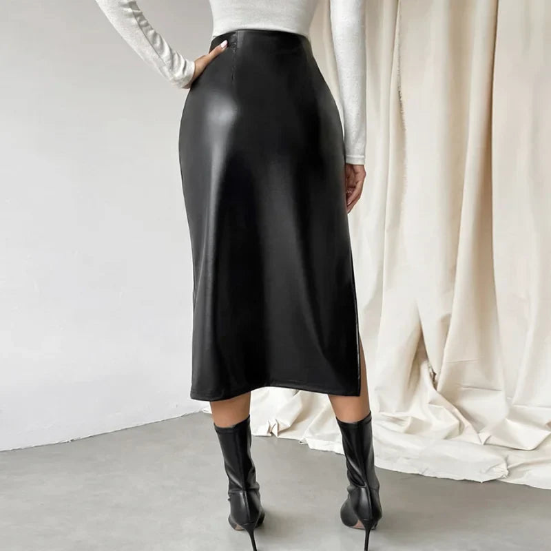 Aiertu Black Leather Skirts Women Fashion High Waist PU Long Skirt Splits Streetwear Autumn Female Elegant Solid Office Casual Aiertu