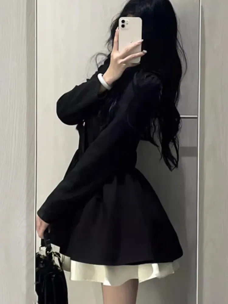 Aiertu Women's Black Patchwork Suit Dress Notched V-Neck Long Sleeve A-Line High Waist Autumn Elegant Office Lady Puffy Mujer Dress New Aiertu