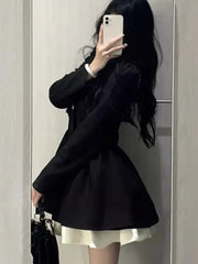 Aiertu Women's Black Patchwork Suit Dress Notched V-Neck Long Sleeve A-Line High Waist Autumn Elegant Office Lady Puffy Mujer Dress New Aiertu