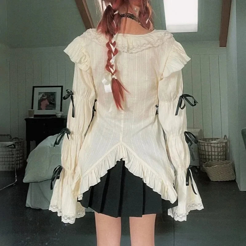 Aiertu Grunge Gothic Mall Goth Harajuku Y2k Aesthetics Lace Shirt Lolita Fairy Bandage Blouses 2024 Fashion Irregular Top Aiertu