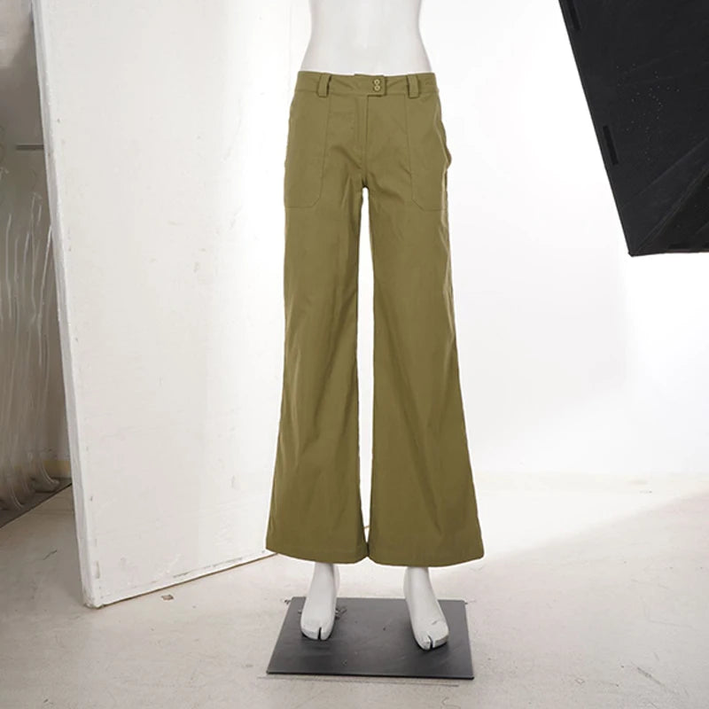 AIERTU  -  Harajuku Street Low Waist Green Slimming Club Wide Leg Trousers Simple Versatile Commuting Pockets Pants for Women Aiertu