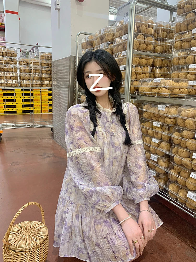 Aiertu French Vintage Y2k Mini Dress Women Long Sleeve Flroal Lace Dress Beach Style Korean Fashion Party Dress Office Lady Summer Aiertu