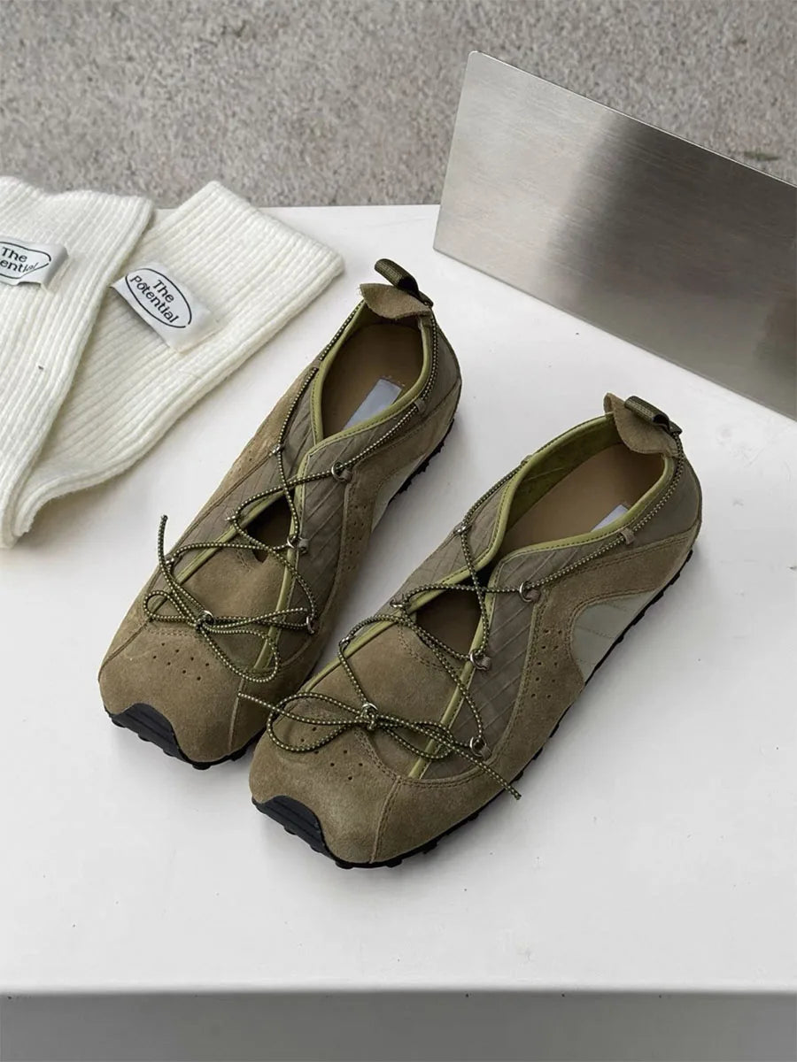 AIERTU  -  Size 35-40 Women's Square Toe Suede Flats Sneakers Lace Up Patchwork Anti-Slip Sole Outdoor Casual Sneaker Shoes Aiertu