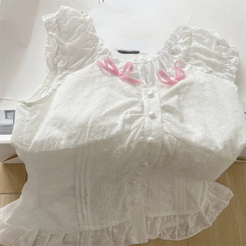 Aiertu Japanese Sweet Kawaii Print 2 Piece Set Women Patchwork Lace Cute Skirt Suit Female White Bow Tops + Plaid Mini Skirt Sets 2024 Aiertu