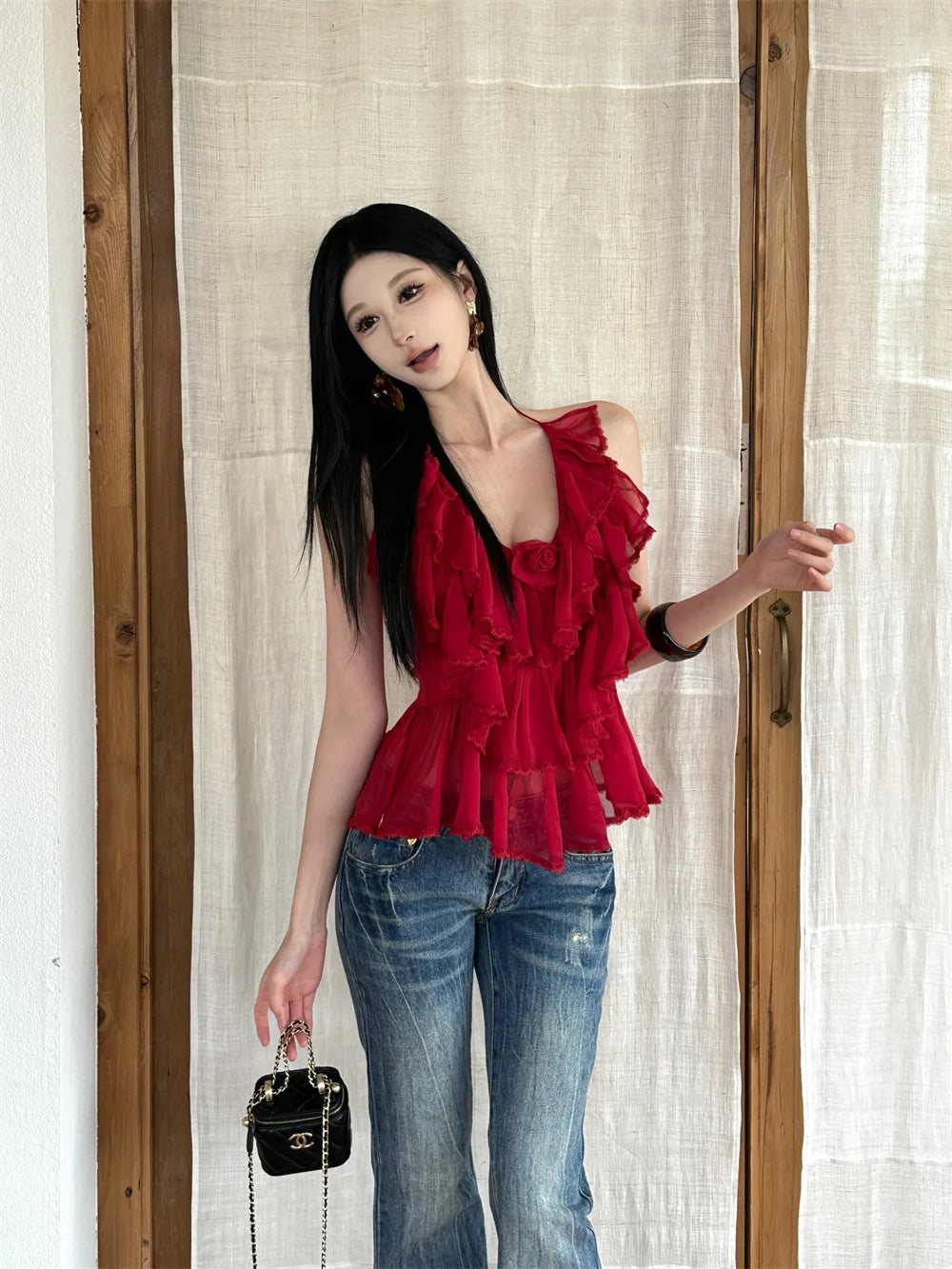 AIERTU  -  Women Camisoles V-neck Retro Ruffle Edge Irregular Pleats Halter Exposed Back Elastic Slim Fit Sexy Temperament Strapless Top Aiertu