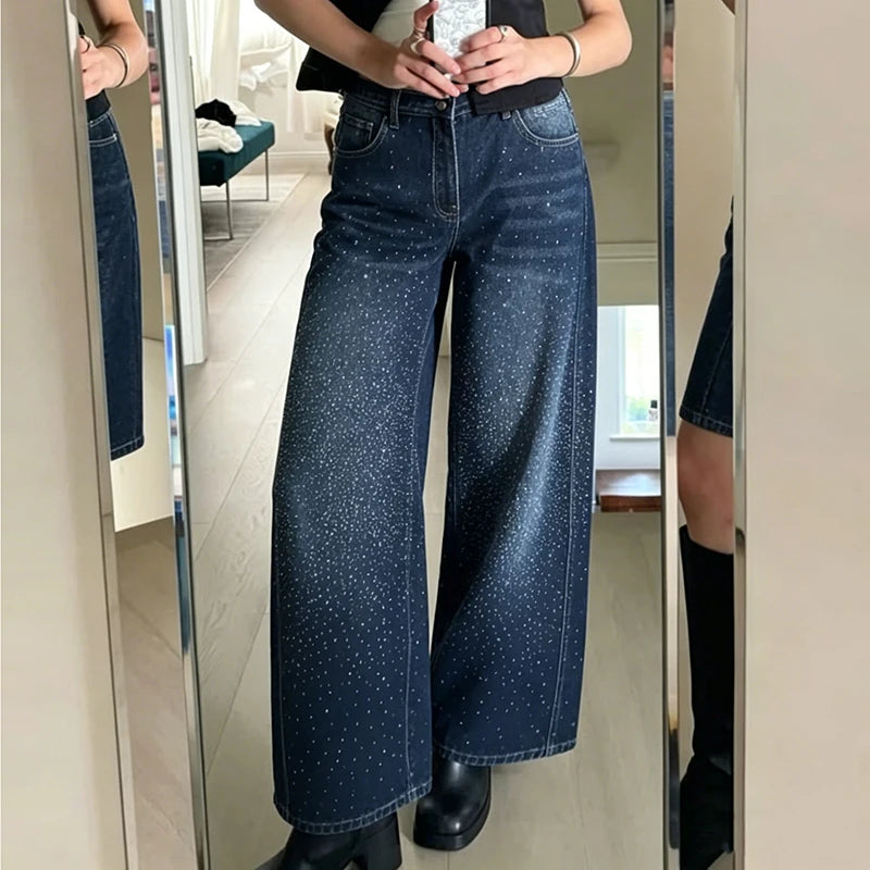 AIERTU  -  Y2K Rhinestone Jeans High-Waisted Ombre Gradient Wide Leg Denim Pants with Sashes All-Over Sparkle Detail Trouser 90s Streetwear Aiertu