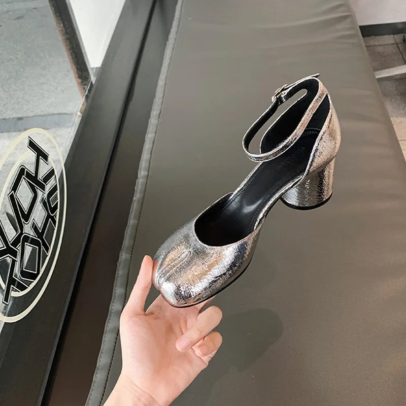 Aiertu Back  to school Modern Heels Pumps Women Round High Heel Leather Square Split Toe Pumps Shoes Spring Summer Sandals Mary Janes Shoes Heels Women Aiertu