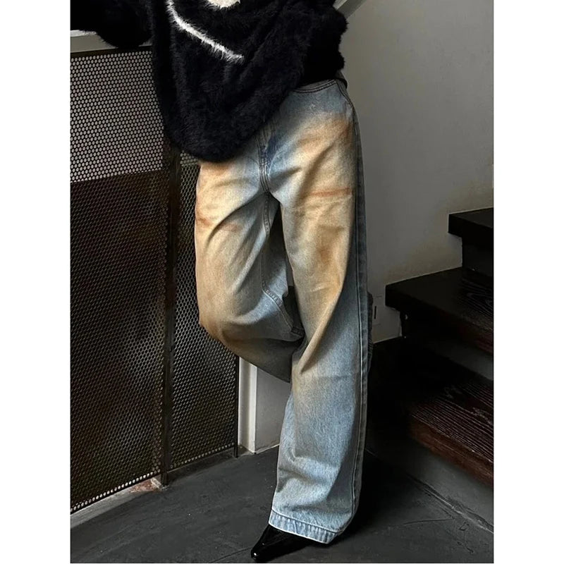Aiertu Women's Y2K Harajuku High Waist Vintage Loose Jeans Pants American Retro Streetwear Wide Leg Baggy Tie Dye Denim Trouser Aiertu