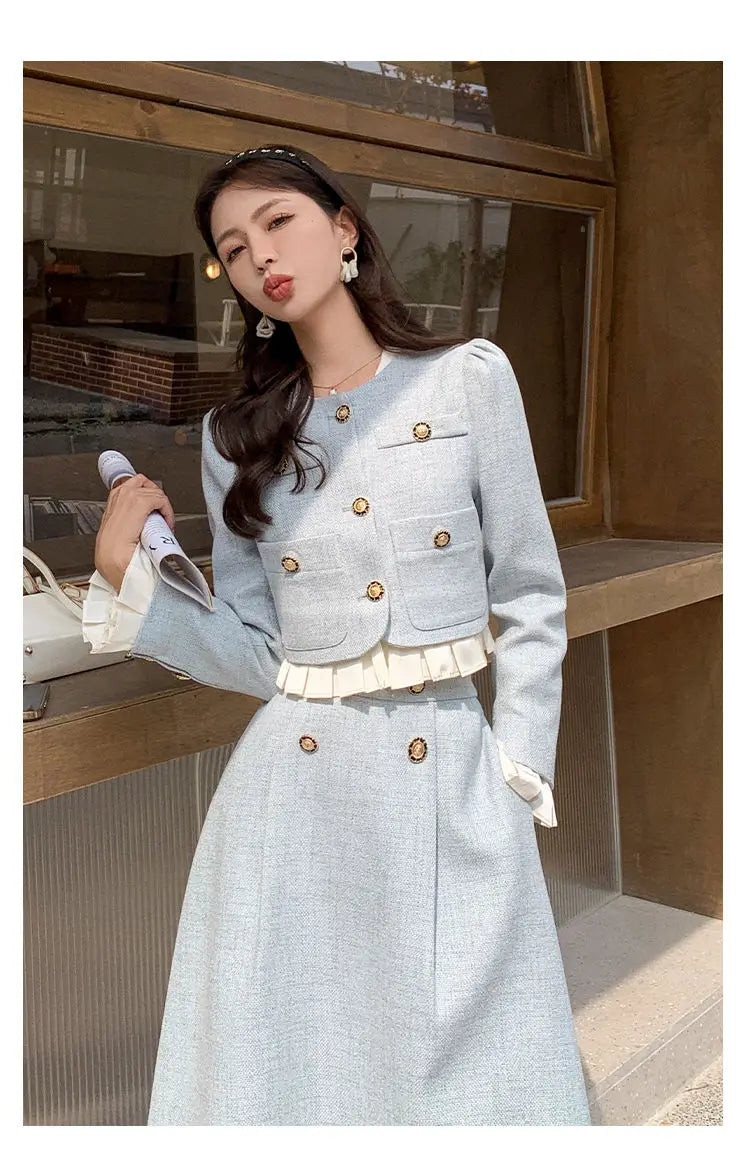 Aiertu Suit Short Long-Sleeved Jacket + Skirt Little Fragrance Blue 2024 Fall Two Piece Sets For Women Royal Sister Sense Of Luxury Aiertu
