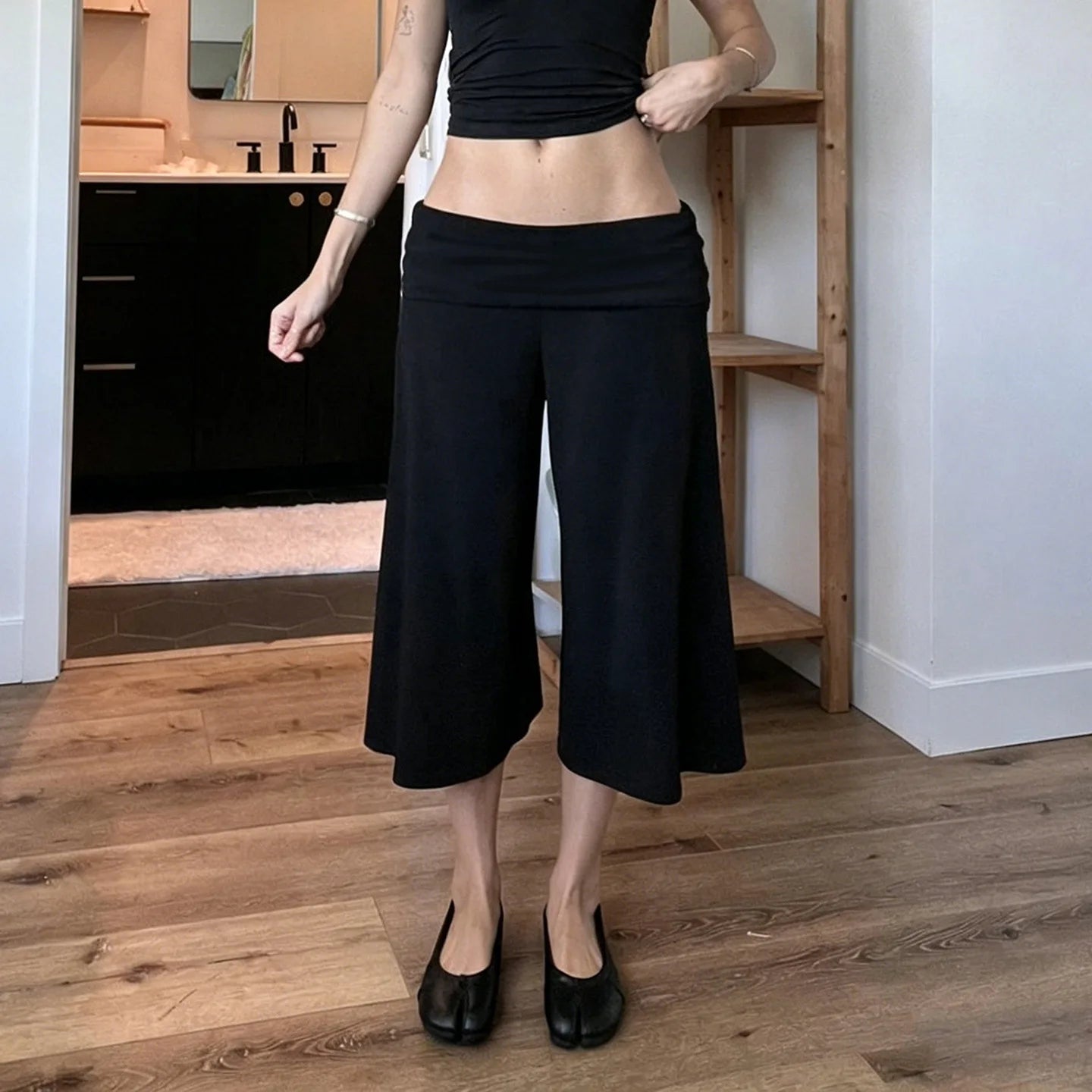 AIERTU  -  Women's Pleated High Waist Casual Solid Color Midi Flare Pants Y2K Overlap Summer Loose Fit Loungewear Bottoms Aiertu