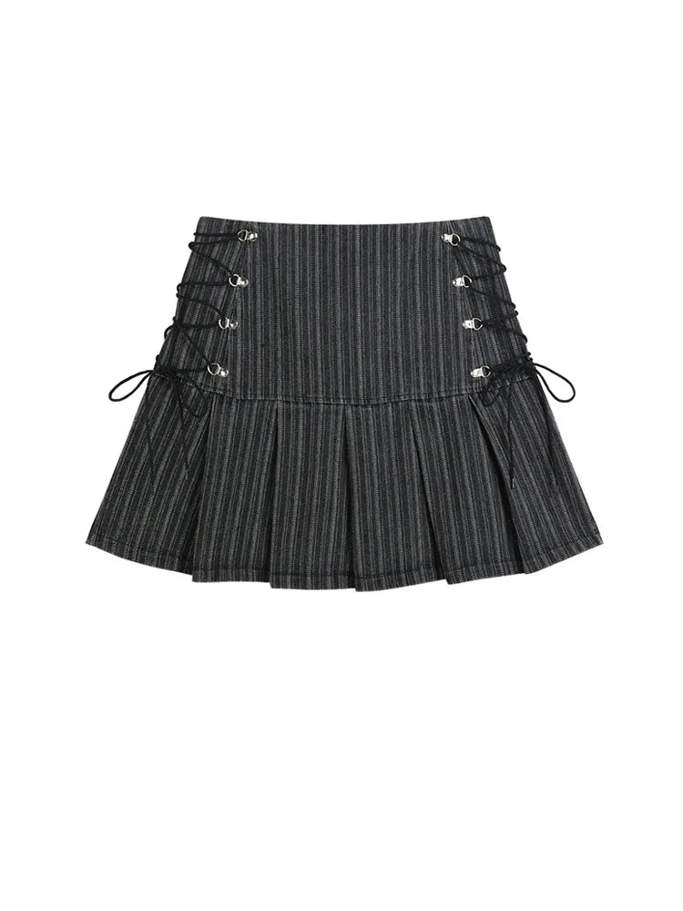 Aiertu Y2k Pleated Skirt Women Sexy High Waist Grey Stripe Bandage Mini Skirts Summer New A Line Skirt Vintage Harajuku Streetwar Aiertu
