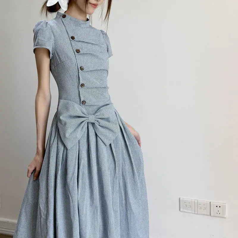 AIERTU  -  Retro Plaid Mid-neck Dress Women's Summer Short-sleeved Waist Big Bow Long Dress Aiertu