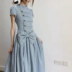 AIERTU  -  Retro Plaid Mid-neck Dress Women's Summer Short-sleeved Waist Big Bow Long Dress Aiertu