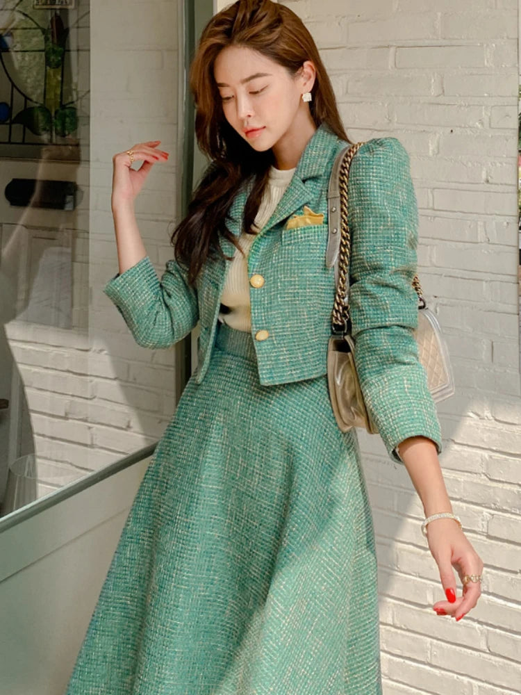 Aiertu Women Two piece Set Korean Chic French Temperament V-neck Pearl Button Puff Sleeve Short Jacket + High Waist Swing Skirt Suits Aiertu