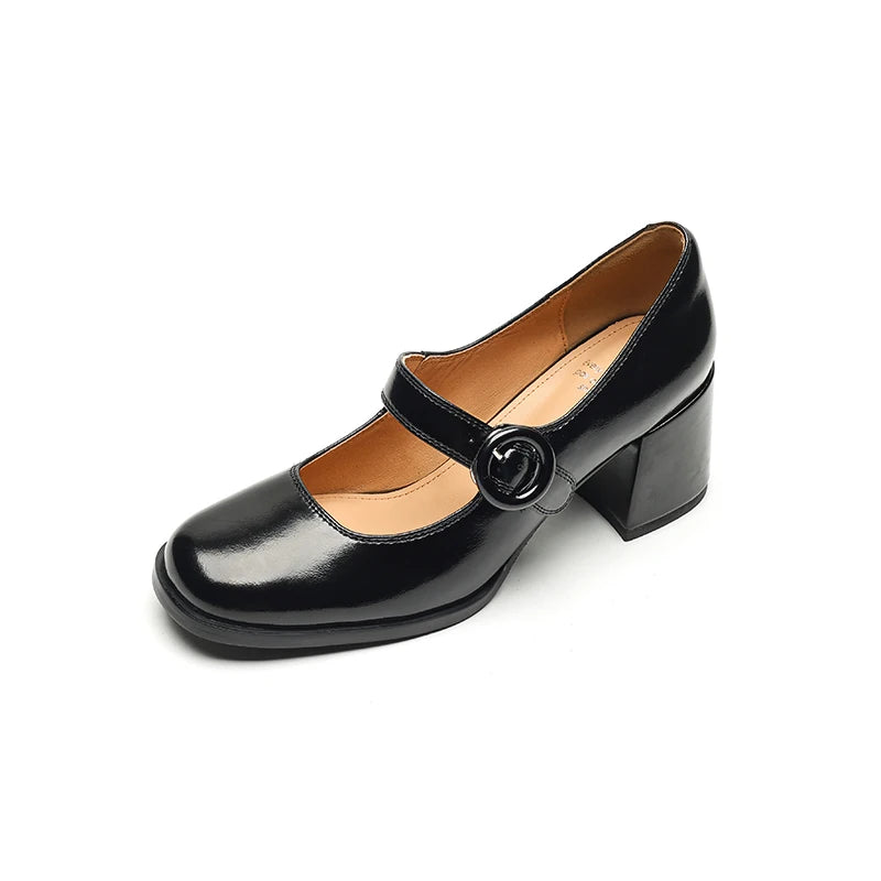 Women Pumps Thick Heels Spring Patent Leather Mary Janes Genuine Leather Round Toe Buckle Strap Retro Office Lady Shoes Woman Aiertu