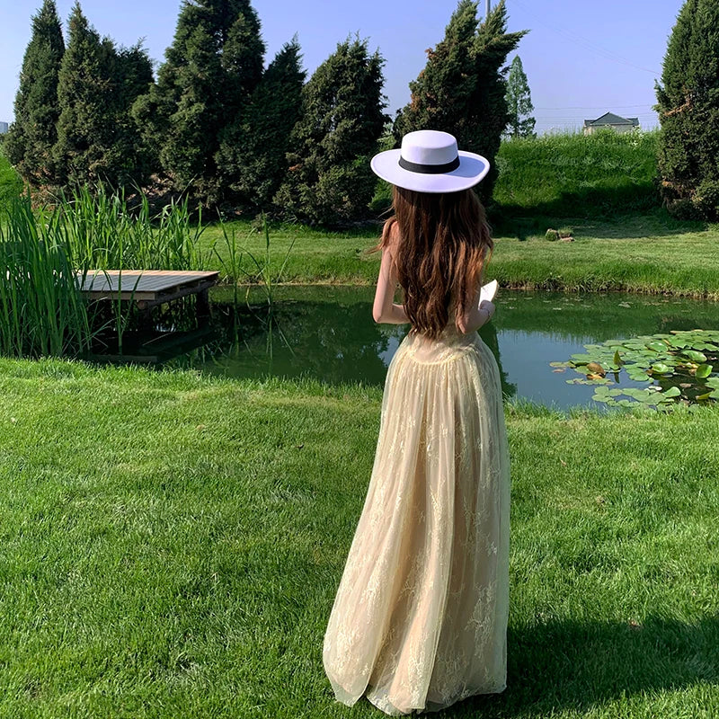 AIERTU  -  Summer French Vintage Mori Girl Style Dress Women's Lace Jacquard Tulle Strap Party Dress Elegant Heavy Slim Vacation Long Dress Aiertu