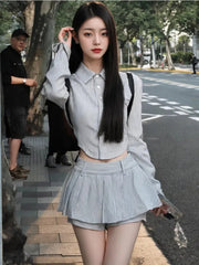 Aiertu Sweet Hot Girls Sexy Preppy Style Suit Women's Spring/Autumn Irregular Long-sleeved Short Shirt Pleated Mini Skirt Two-piece Set Aiertu