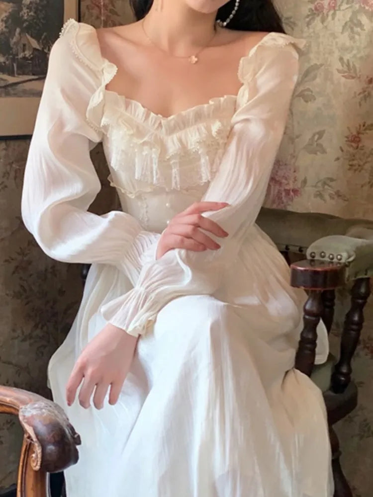 Aiertu New Spring Fashion Elegant Chic Women Dress Long Sleeve Vintage Casual Solid Party Birthday Robe Female French Style Vestidos Aiertu