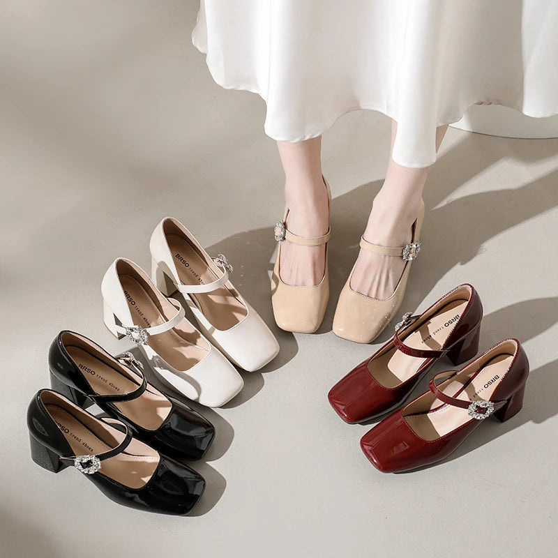 AIERTU  -  Mary Jane Chunky Heel Square Head Simple Single Shoes Women's Patent Leather Strap Diamond Buckle High Heels Spring Autumn Aiertu