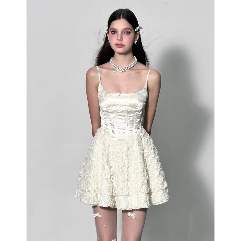 Aiertu Elegant Fairy Dress Women Summer High Waist White Lace Party Mini Dresses Spaghetti Strap Streetwear Korean Fashion Aiertu