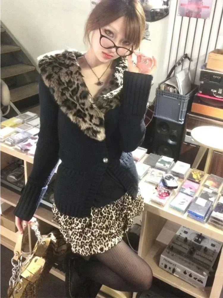 Leopard Cardigan Women Japanese Gyaru V-neck Long Sleeve Streetwear Slim Sexy Cardigan Sweater Y2k Vintage Top Autumn Aiertu