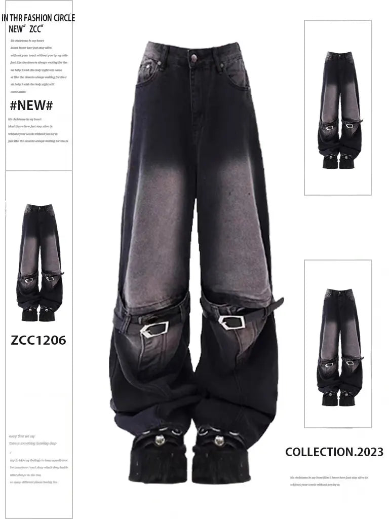 Aiertu 2024 Vintage High Waist Street Style Belted Straight Jeans Gothic Pants Fashion Women's Wide Leg Punk Baggy Y2K Denim Trouser Aiertu