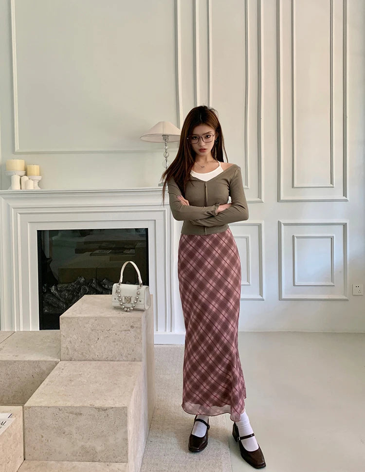 Aiertu Autumn Women Vintage Pink Mesh Plaid A-line Half Long Skirts Elastic High Waist Party Bodycon Wrapped Hip Skirt Female Chic Aiertu
