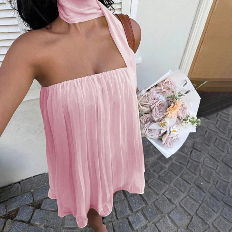 AIERTU  -  Elegant Sexy Backless Chiffon Dress for Women Strapless Elastic Ruched Fluffy A-line Party Prom Evening Holiday Mini Dress Aiertu