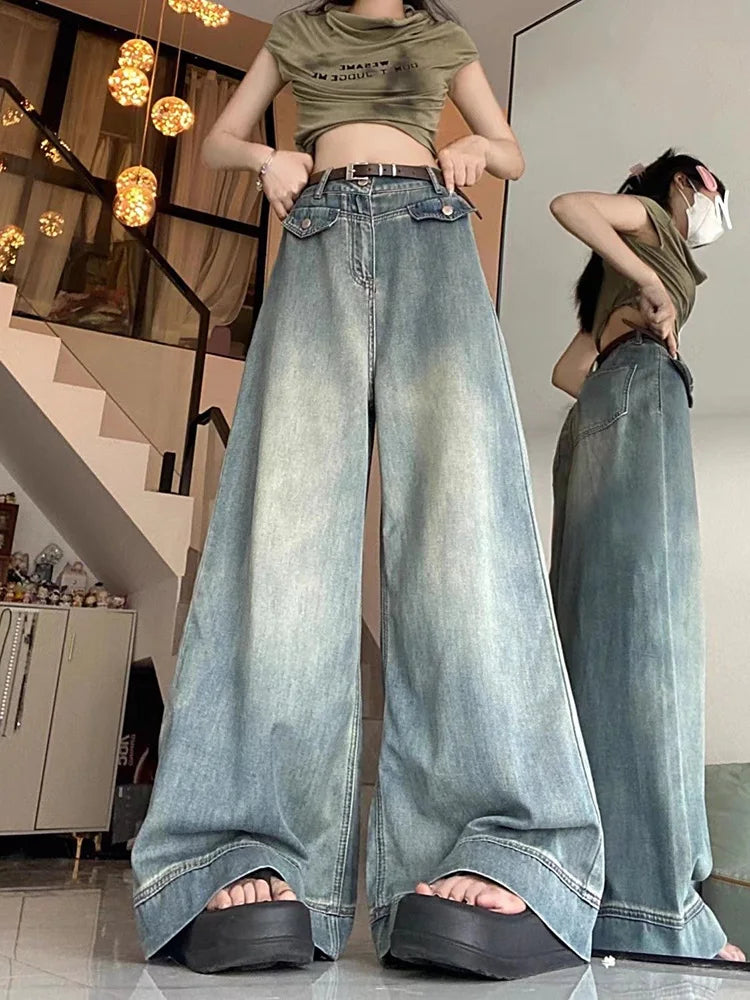 Aiertu Spring Women Vintage Y2k Baggy Jeans High Waist Oversized American Trouser Denim Wide Leg Streetwear Straight Basic Pants Aiertu