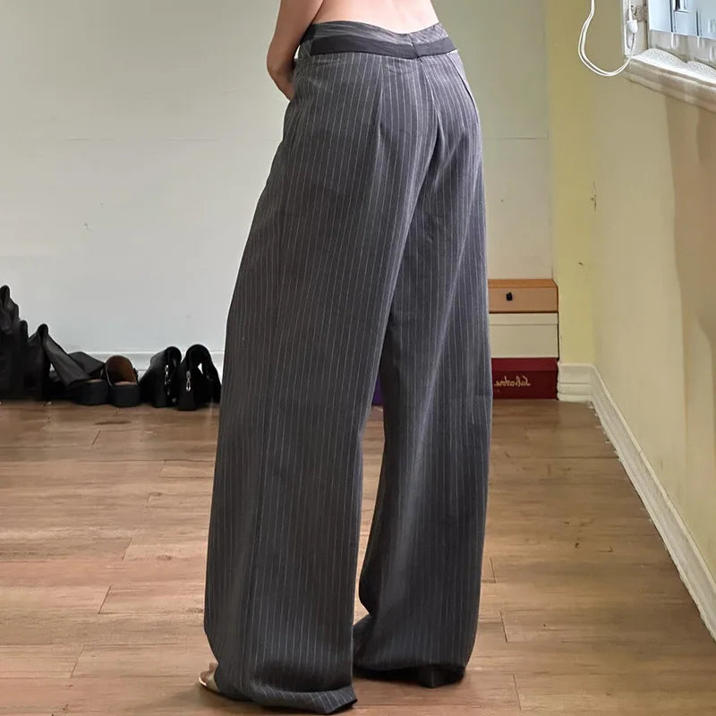 AIERTU  -  Y2K Contrast Waistband Striped Pants Loose Straight Leg Hanging Casual Woven Versatile for Women Summer Aiertu