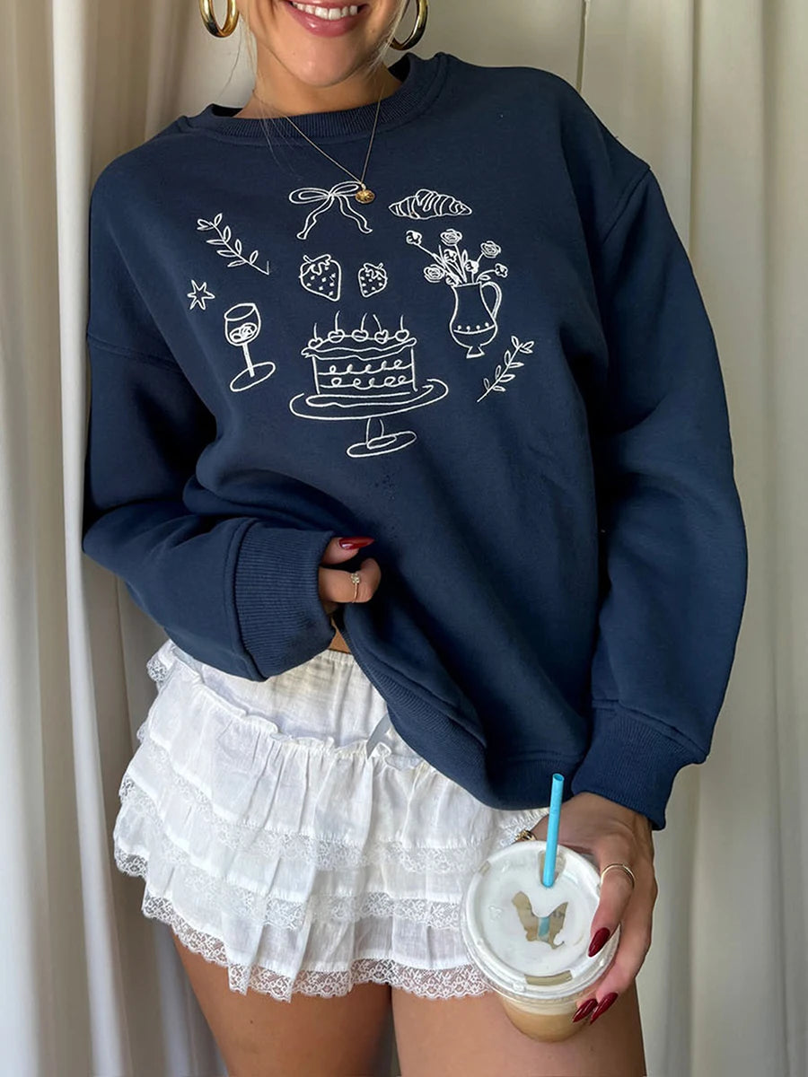 AIERTU  -  Women’s Sweatshirts Long Sleeve Crew Neck Cake Embroidery Pullovers Loose Tops Spring Fall Casual Hoodies Aiertu