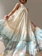 Aiertu New Chinese Style Print Long Dresses for Women Summer Sleeveless Halter Loose A-line Evening Party Dress Prom Robe Vestidos Aiertu