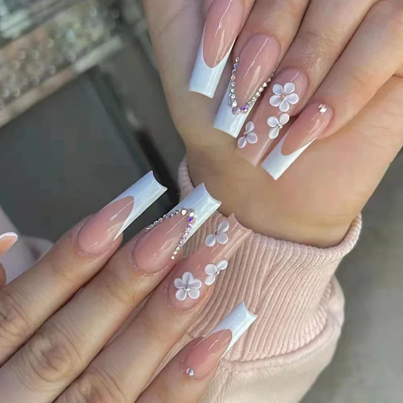 Aiertu 24Pcs Long Ballet False Nails with Bow Designs Pink Coffin Press on Nails Wearable French Fake Nail Full Cover Manicure Tips Aiertu
