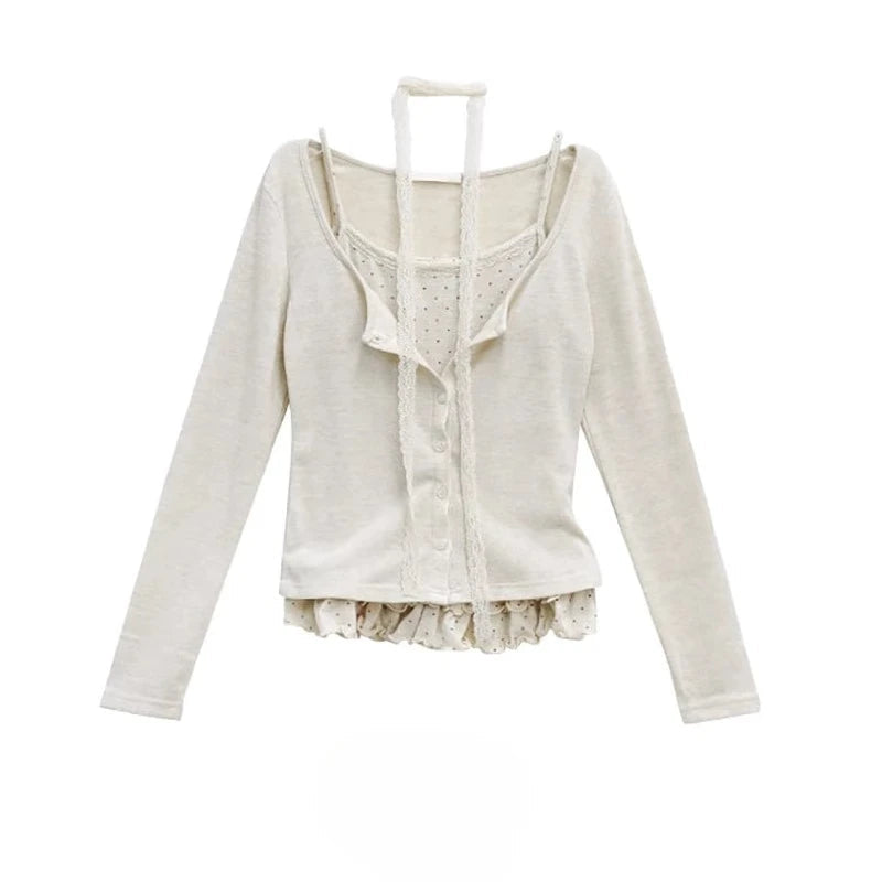 AIERTU  -  2 Pieces Cardigans Korean Fashion Spring Autumn Polka Dot Sweet Woman Sweaters Ruffles Vintage Sueteres Mujer Aiertu
