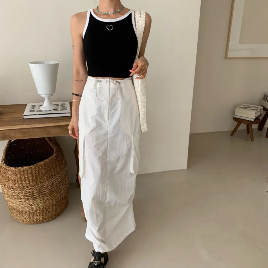 AIERTU  -  Fashionable Korean Style Pure Color Drawstring Work Skirt High Waist H-Shape Loose Fit Commute Style Ladies Skirt Aiertu