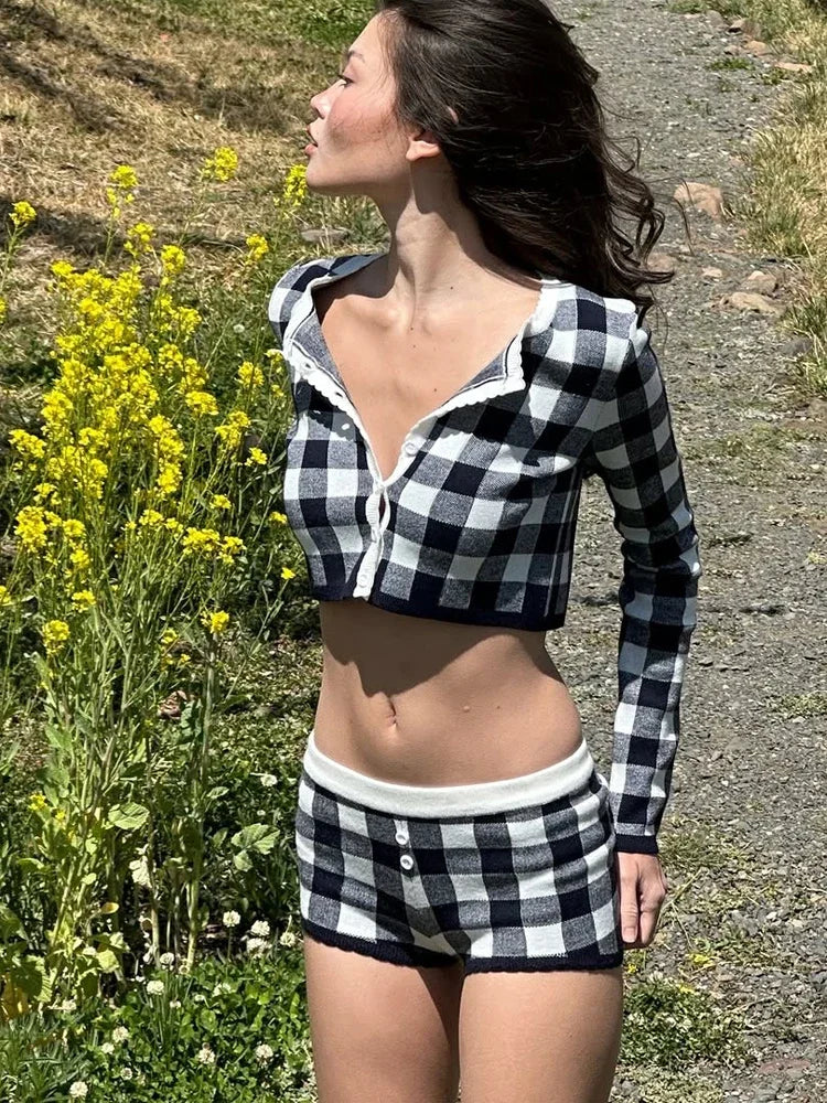 AIERTU  -  Gingham Shorts Two Piece Sets Women Casual Trim Long Sleeve Crop Cardigan High Waist Suits Lady Home Lounge Matching Outfit Aiertu