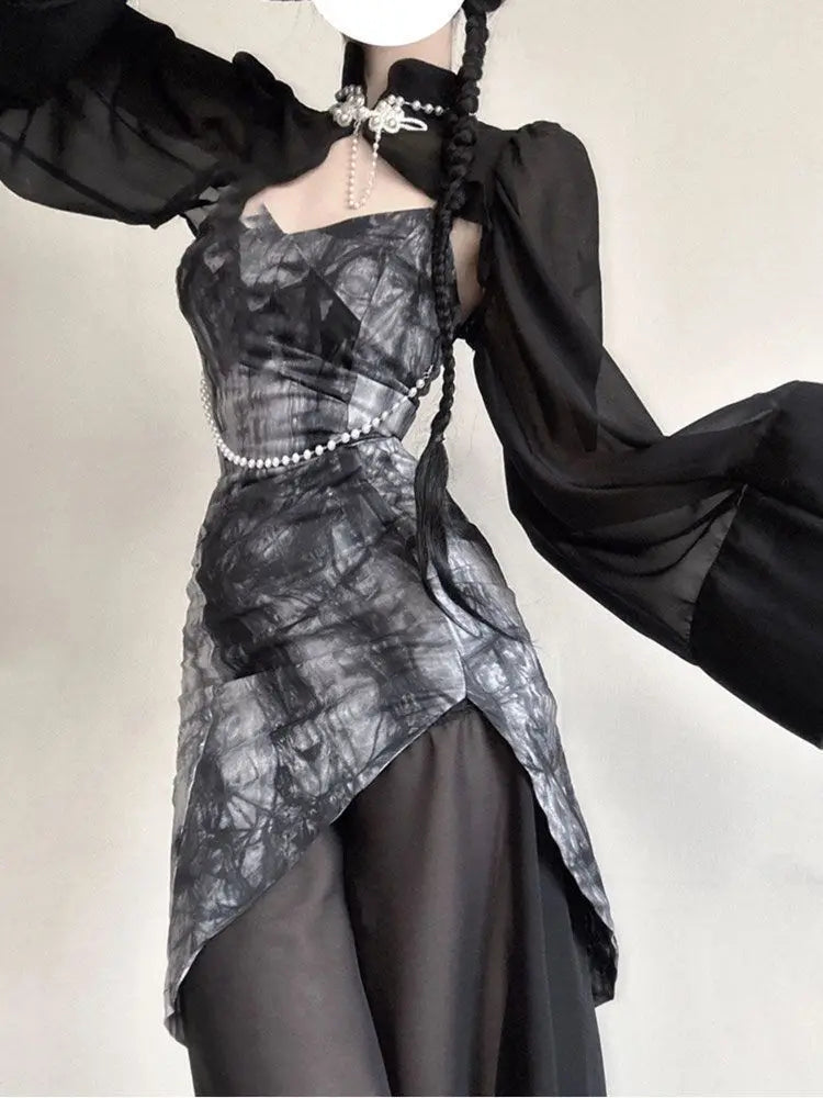 Aiertu Summer Vintage Black 2 Piece Dress Set Women Turtleneck Y2k Crop Tops Even Party Strap Midi Dress Slim Fashion Suit Chic Aiertu