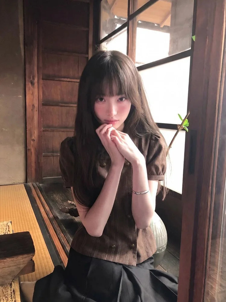 AIERTU  -  Shirts Women Vintage Striped Puff Short Sleeve Short Sleeve Elegant Sweet Tops Y2k Aesthetic Harajuku Blouse Female Aiertu