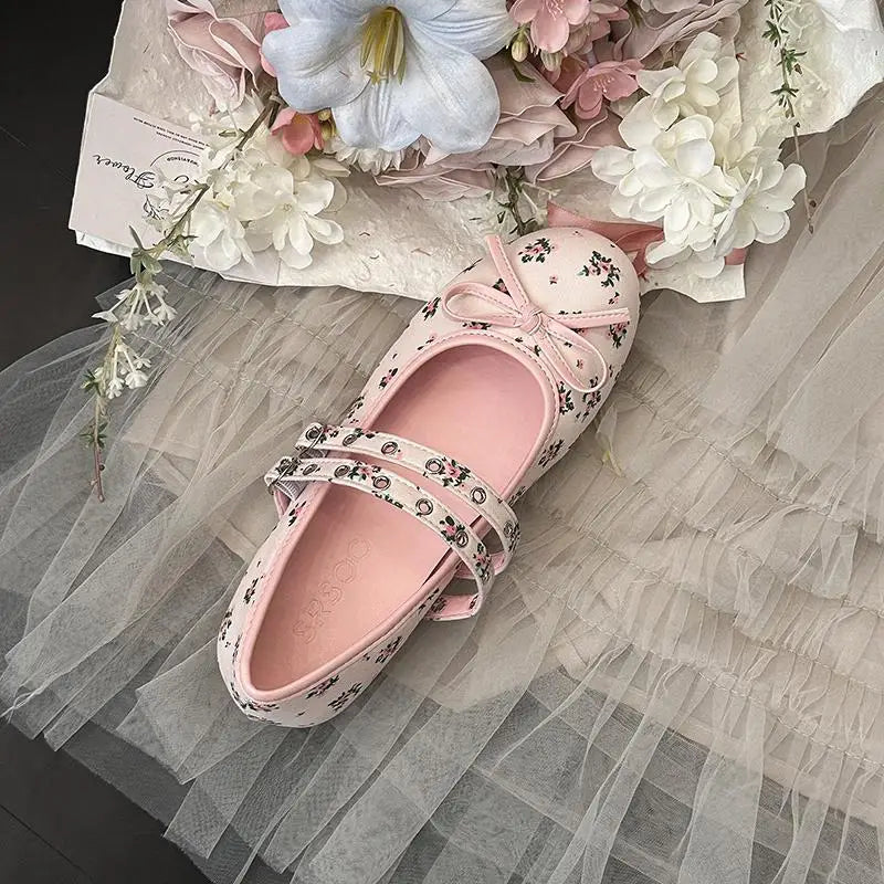 AIERTU  -  Pink Floral Pattern Low Heel Mary Jane Shoes Women Summer Comfort Silver Bowknot Ballet Flats Woman's Lolita Shoes Aiertu