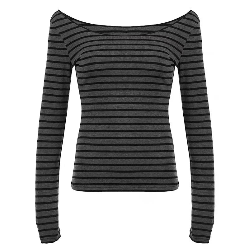 Aiertu Y2K Grunge Emo 00s Vintage T-Shirt Black Grey Striped Off Shoulder Long Sleeve Jumper Top Chic Women Autumn Retro Goth Tee Shirt aiertu