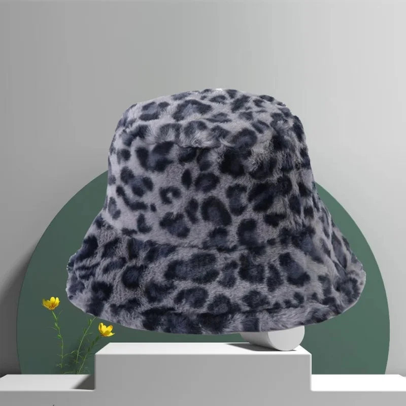 AIERTU  -  Leopard Print Faux Fur Bucket Hat Women Winter Warm Plush Fluffy Fisherman Cap Fashion Trendy Vintage Soft Cozy Wide Brim Hat Aiertu